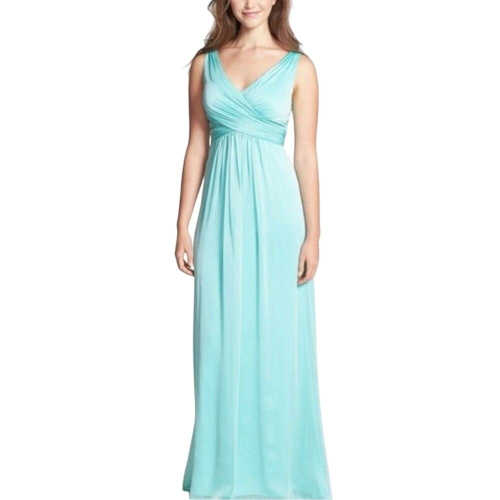 Adrianna Papell Green Evening Gown Chiffon A-Line V-Neck Formal Dress Size 4